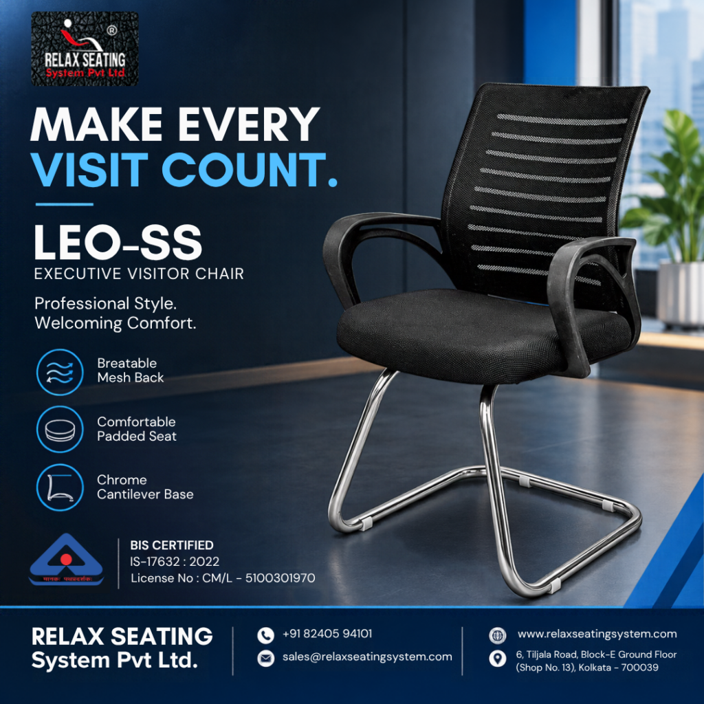 Black LEO-SS executive visitor chair with mesh back, padded seat and chrome cantilever base in Kolkata.