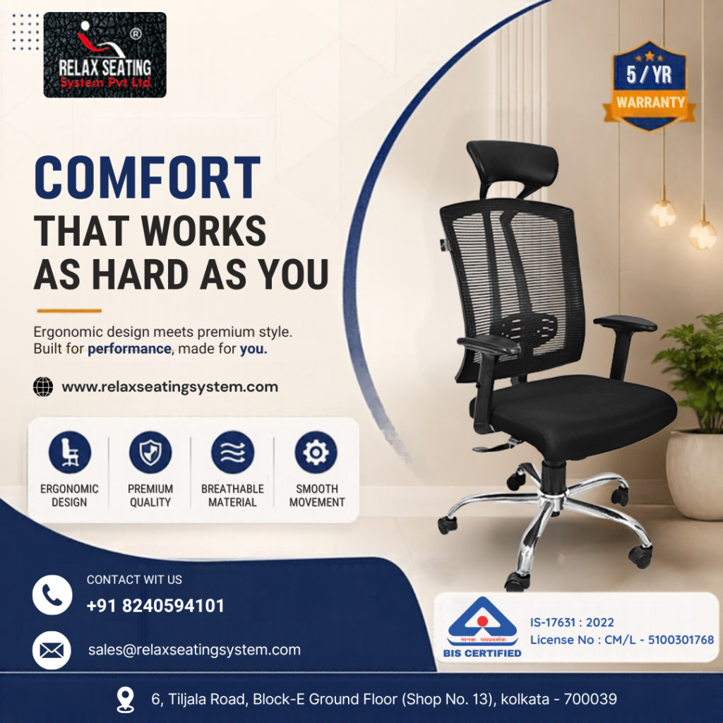 Black ergonomic office chair with breathable mesh back, adjustable headrest and chrome base in Kolkata.