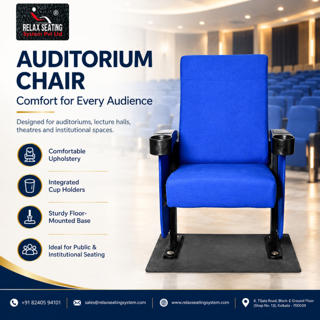 Blue cushioned auditorium chair with integrated cup holders and floor-mounted base in Kolkata.