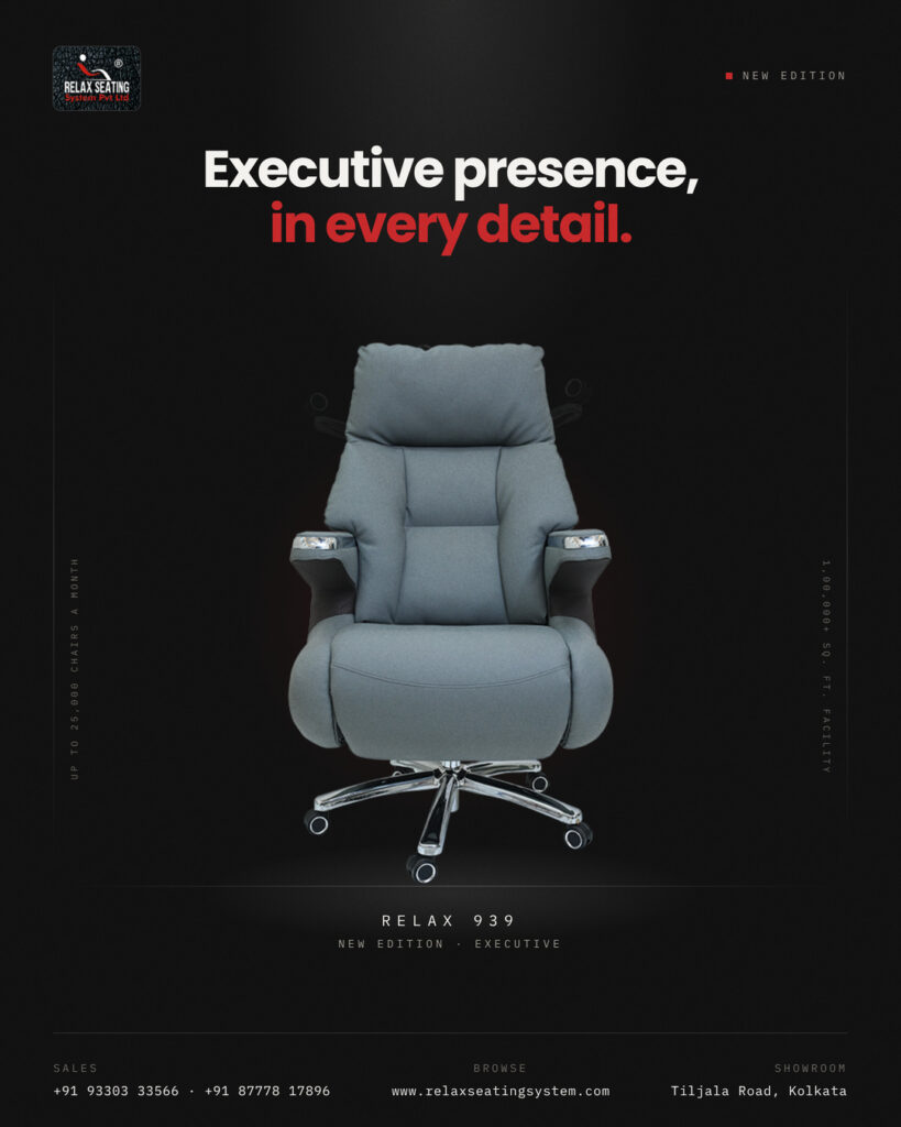 Relax 939 premium executive office chair by Relax Seating System featuring a deep cushioned seat, sculpted armrests and polished five-star base.