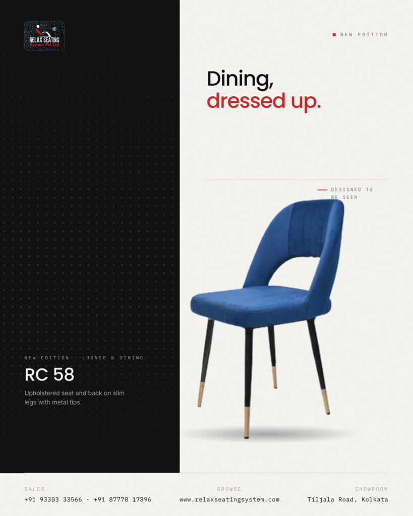 RC 58 dining chair by Relax Seating System featuring an upholstered seat, open-back design, slim legs and metal tips.