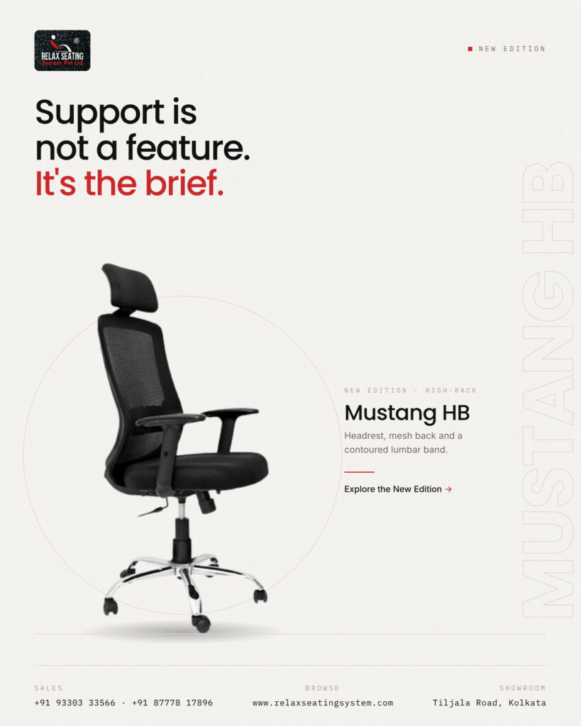 Mustang HB high-back office chair with headrest, mesh backrest, cushioned seat, armrests and chrome-finish five-star base by Relax Seating System Pvt. Ltd.